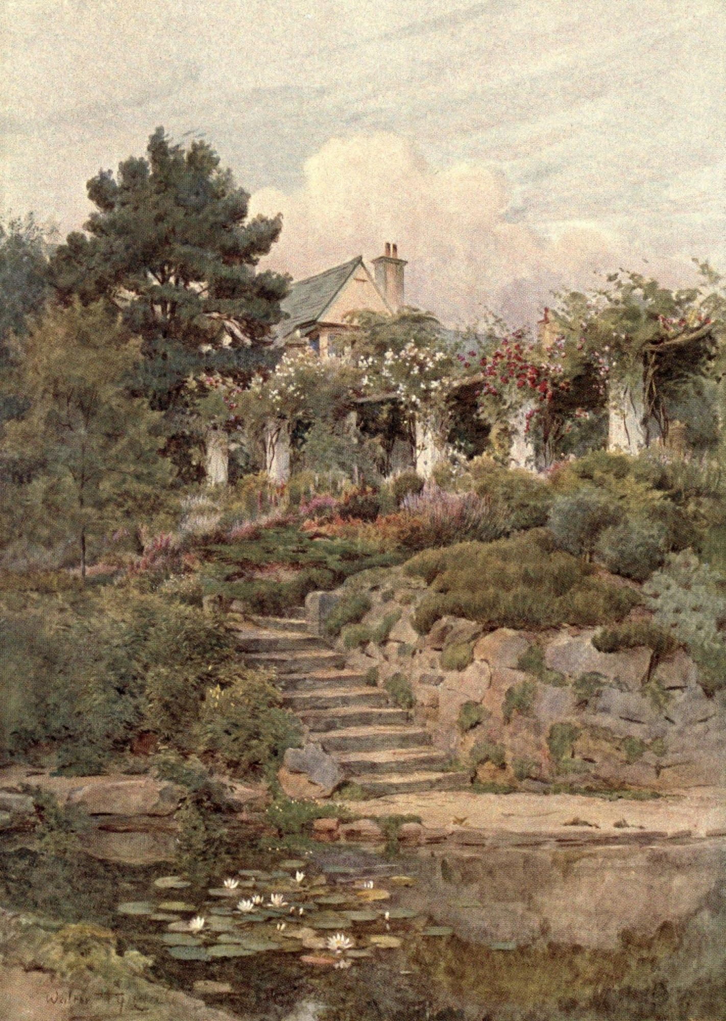 New Place Haslemere and its Gardens 1921 From the Lily Pond Canvas Art - Walter Tyndale (18 x 24)