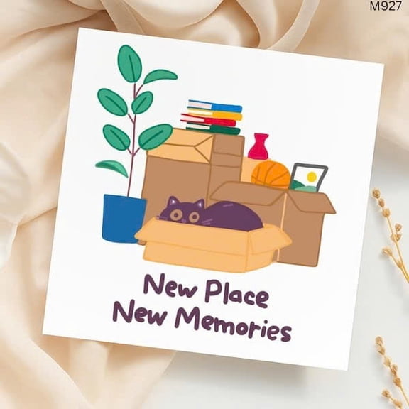 New Place New Memories Card Cute Moving-In Greeting Card with Boxes, Plant, and Cat Design Perfect for Housewarming Gifts and New Home Celebrations