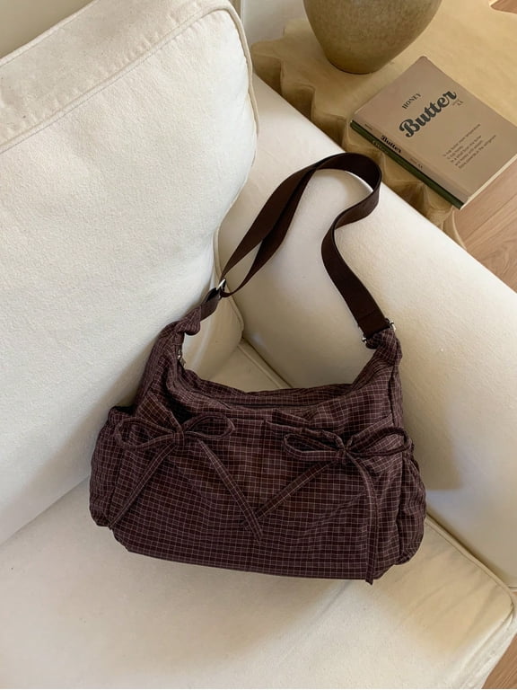 New Plaid Bow Drawstring Cloud Pleated Shoulder Bag Crossbody Bag For Women