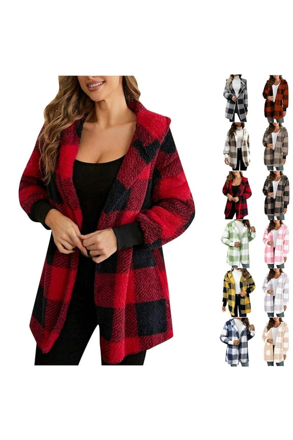 New Plaid Jackets for Womens Plus Size Fashion Fleece Long Sleeve Plaid Faux Shearling Oversized Caots 50% off Clearance!