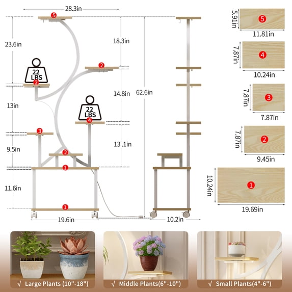 New Plant Stand Indoor with Grow Lights - 62" Tall Plant Shelf, Lighted Corner Plant Stands for Indoor Growing, 8 Tiered Large Flower Holder, S-Shaped Decorative Rack for Living Room (NATURAL COLOR)