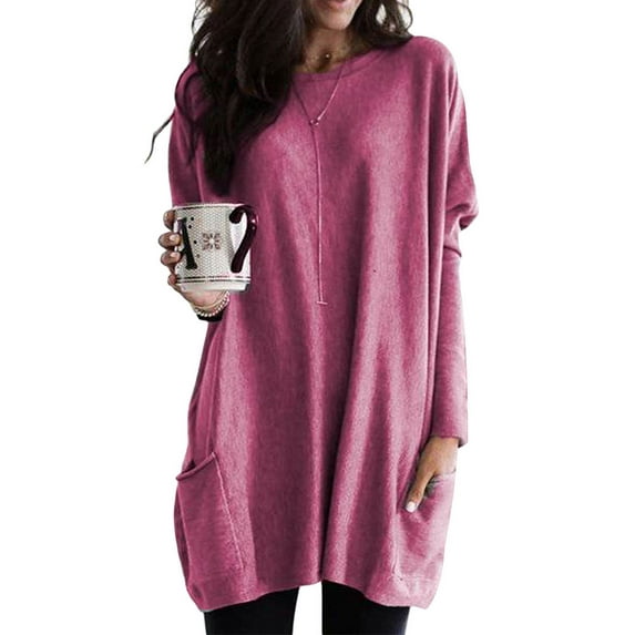 New Plus Size Long Sleeve Roung Neck T Shirt for Women Solid Color Casual Baggy Pullover Sweatshirt Ladies Autumn Winter Oversized T-Shirt Tunic Blouse With Pocket