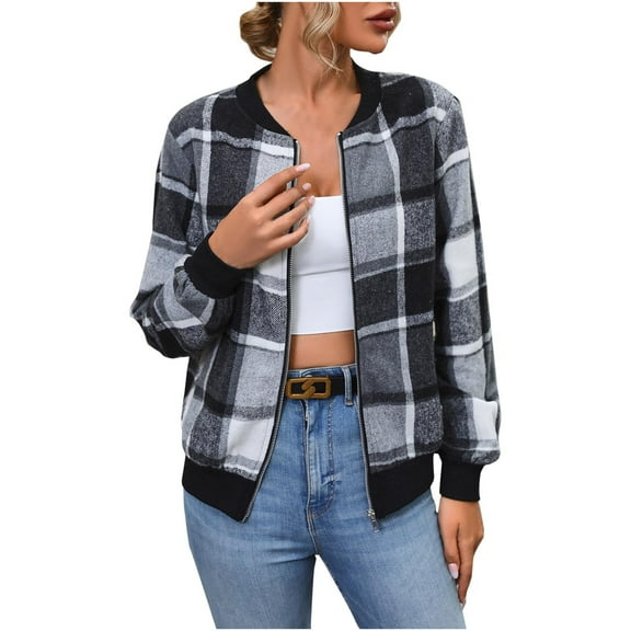 New Plus Size Plaid Jackets for Womens 2024 Autumn and Winter Casual Long Sleeve Plaid Print Zipper Outwear Jackets