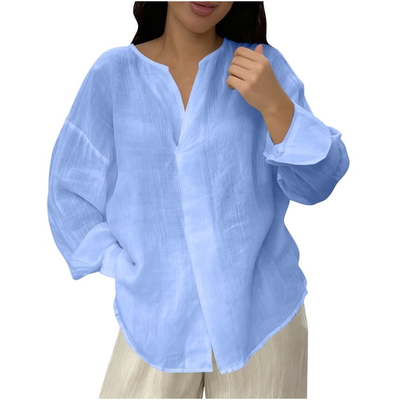 New Plus Size Tops for Womens Fashion Long-Sleeved Casual Button-Up V-Neck Regular Top Shirt