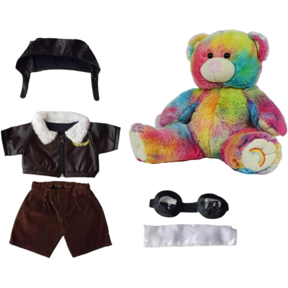 New Plush Gear Rainbow Bear - 16-Inch Stuffed Animal in Pilot Outfit with Helmet and Goggles - Perfect Gift for Graduation Day