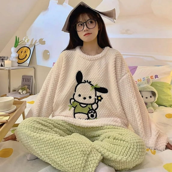 New Pochacco Pajamas Womens Autumn and Winter Rose Velvet Round Neck Cute Cartoon Thickened Warm Coral Plush Home Pajamas