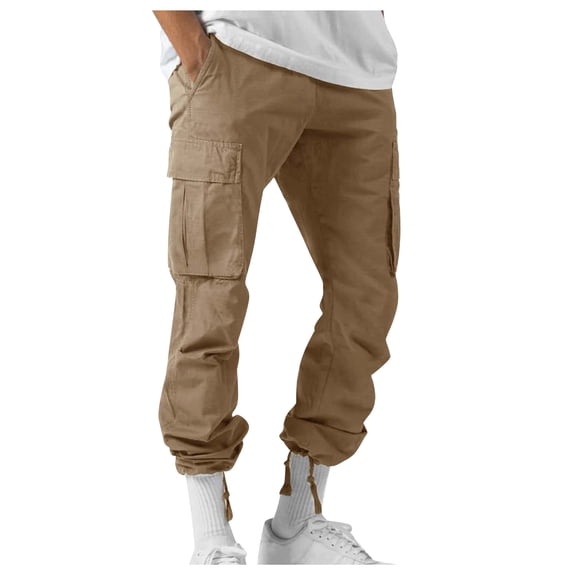New Pocket Design Solid Cargo Pants Trousers for Men Full Length Casual Loose Drawstring Pockets Pants Male Cargo Trousers Khaki S