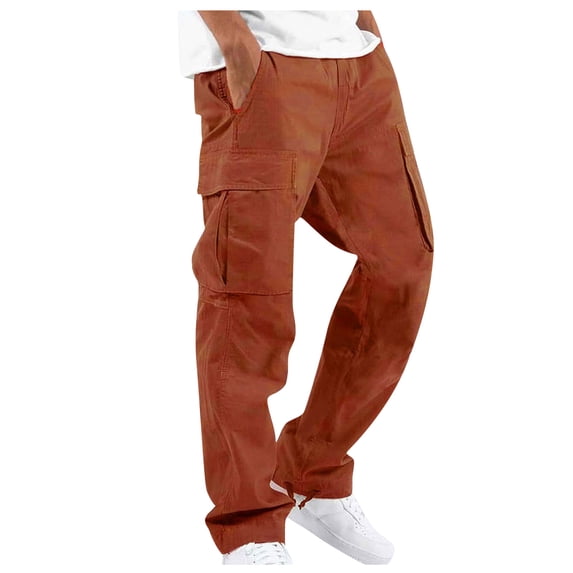 New Pocket Design Solid Cargo Pants Trousers for Men Full Length Casual Loose Drawstring Pockets Pants Male Cargo Trousers Orange L