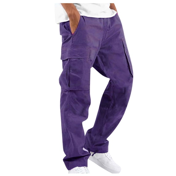 New Pocket Design Solid Cargo Pants Trousers for Men Full Length Casual Loose Drawstring Pockets Pants Male Cargo Trousers Purple S