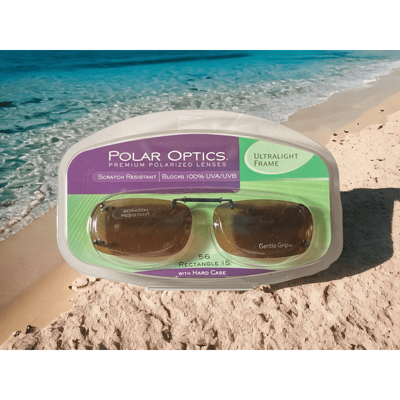 New Polar Optics Clip On Sunglasses Rectangle 56 Rec 15 W/ Hard Case