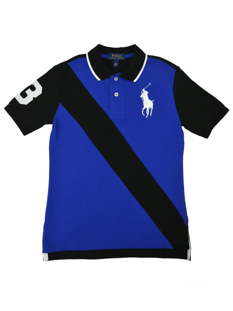New Polo Ralph Lauren Boys Blue Black Big Pony Sash Polo Shirt M