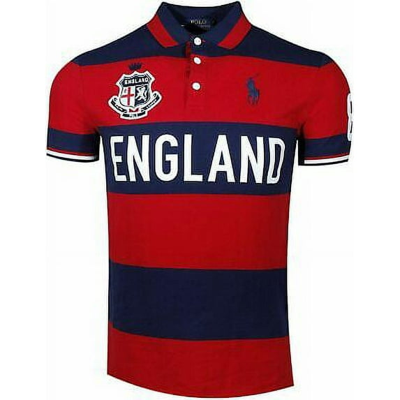 New Polo Ralph Lauren Men's Custom Slim Fit England Polo Shirt, Navy/Red, M 3845-9