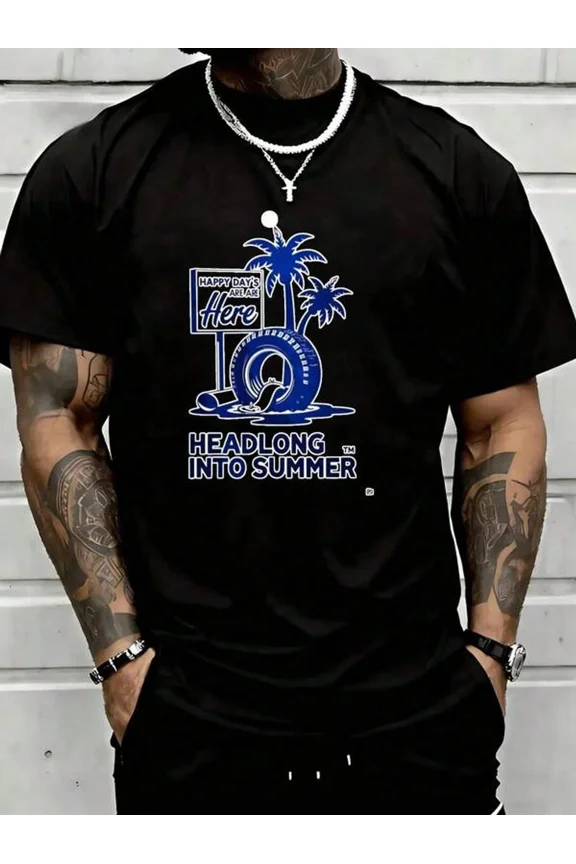 New Popular Fashionable Casual Men's T-Shirt (Loai Orientation), Plunging Headlong Into The Summer Graphic Print, Boutique 180g Padded Cotton T-Shirt, Men's Fashion Casual Pure Cot