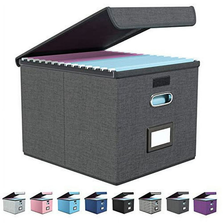 File Organizer Box Office Document Storage with 5 Hanging Filing Folders,  Collapsible Linen Storage Box with Lids, Home Portable Storage with Handle