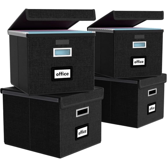 New Portable File Organizer Boxes Set of 4, Collapsible Linen Hanging Filing Storage Boxes with Plastic Slide, Decorative Home/Office Filing System for File and Folders Storage (Black)