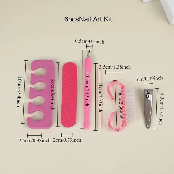 New Portable Manicure Set: 6pcs Set with Rose-Red Nail File, Buffing Strip, Horn-Handled Brush, and Cuticle Remover