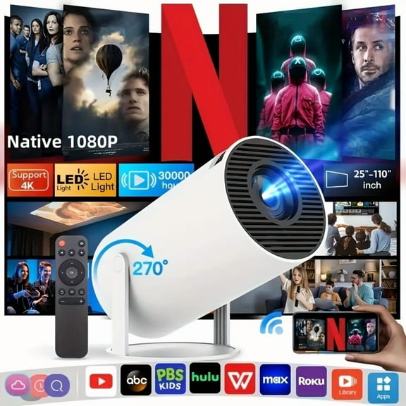 New Portable Projector With WiFi 6 And Wireless 5.4, Support 4K Smart Projector, Native 1080P, Adjustable Screen, 180 Rotation, Built-in  11.0 OS, Perfect For Home Theater And Outdoor Use
