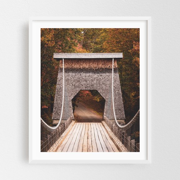 New Portland Wire Bridge 02 - New Portland Maine Photography Bridge Autumn Nature Rustic Scenic Landscape Forest White Framed Wall Art Print 6 x 8 inches