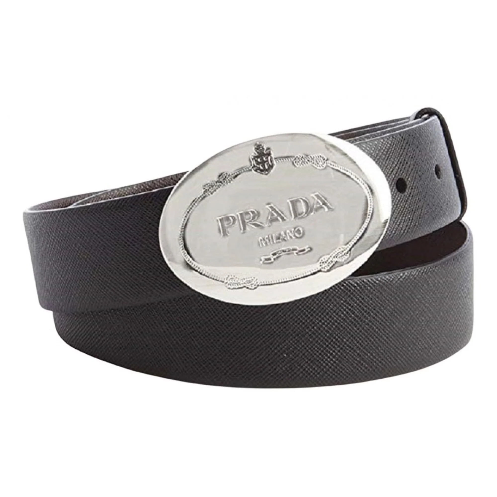 New Prada Black Saffiano Leather Engraved Oval Plaque Buckle