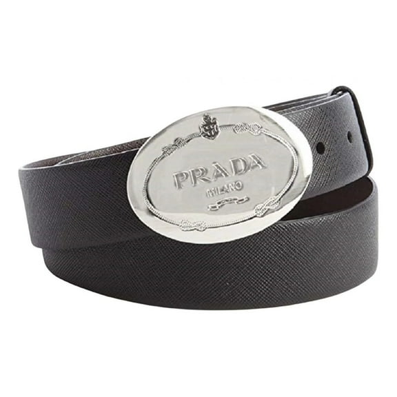 New Prada Black Saffiano Leather Engraved Oval Plaque Buckle Size: 110/44 Belt 2CM046
