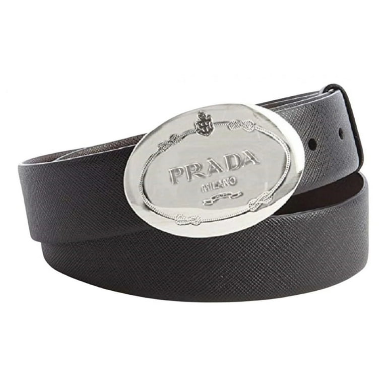 New Prada Black Saffiano Leather Engraved Oval Plaque Buckle Size