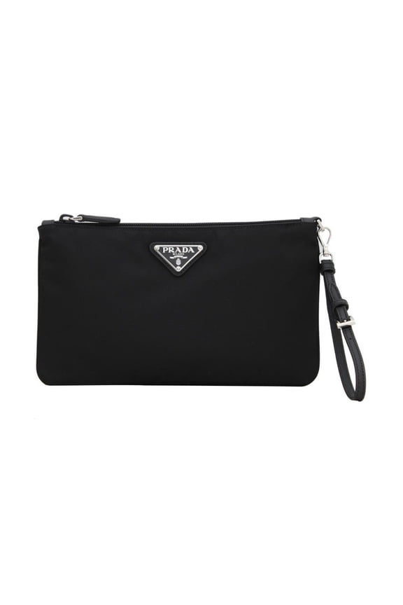 New Prada Tessuto Nylon Wristlet Clutch Pouch Black Triangle Logo Silver Hardware