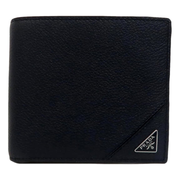 New Prada Black Vitello Micro Grain Leather Bifold Wallet Silver Triangle Logo