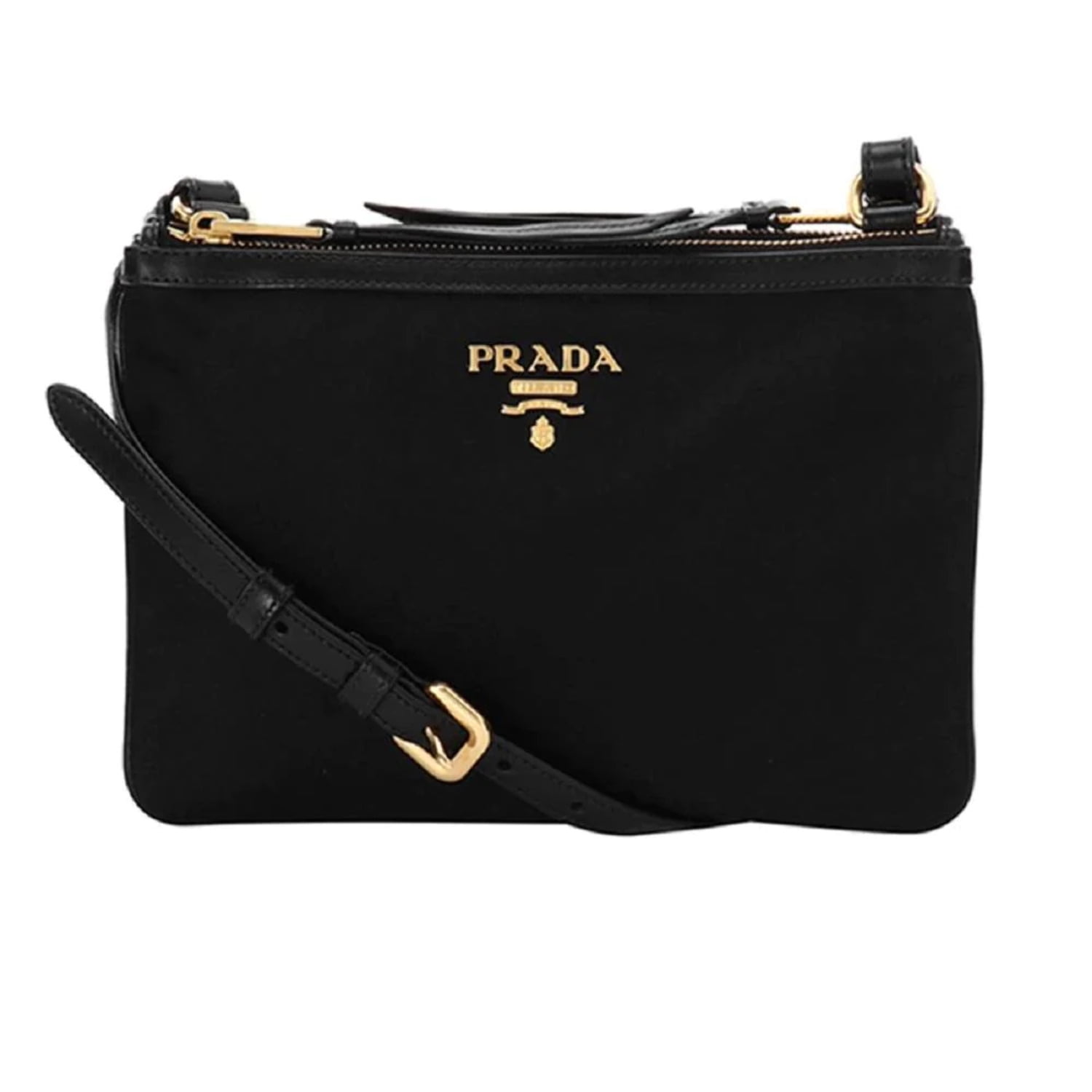 New Prada Logo Tessuto Nylon Soft Calf Trim Black Crossbody Bag 1BH046 