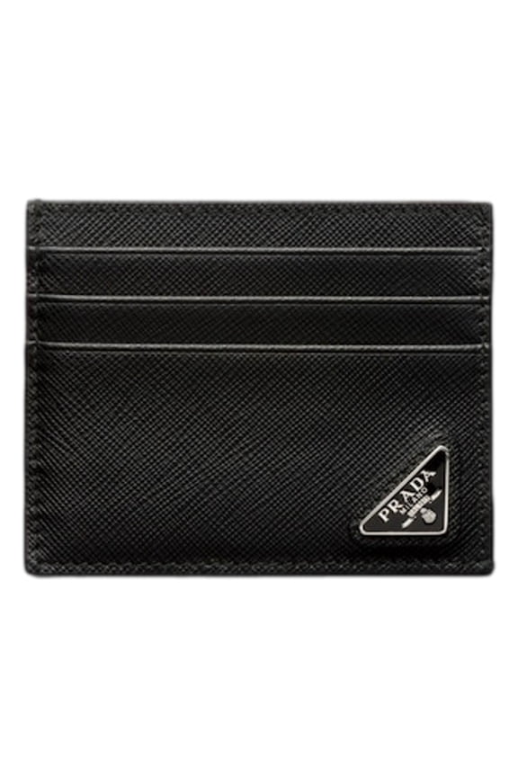 New Prada Mens Saffiano Leather Card Holder Wallet Black Nero Silver Triangle Logo