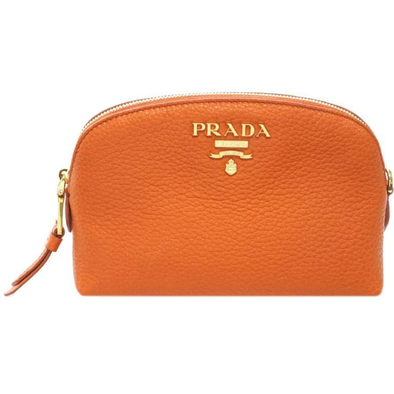 New Prada Papaya Orange Vitello Daino Pouch Cosmetic Case 1ND005
