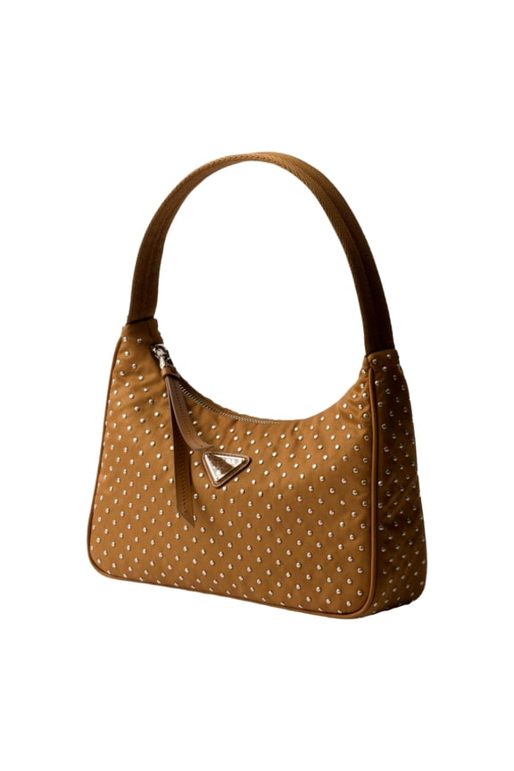 New Prada Re-Edition Mini Shoulder Bag Brown Nylon Crystal Studded Silver Tone