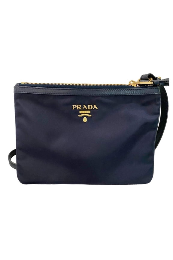 New Prada Tessuto Nylon Blue Zip Calf Leather Cross Body Bag 1BH046