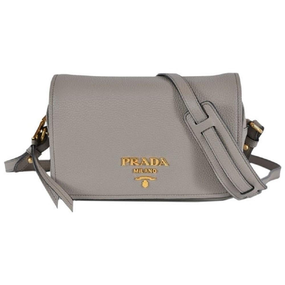 New Prada Vitello Phenix Argilla Grey Leather Flap Crossbody Bag