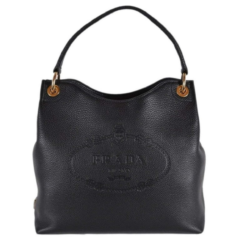 New Prada Vitello Phenix Black Leather Embossed Logo Hobo Tote Bag