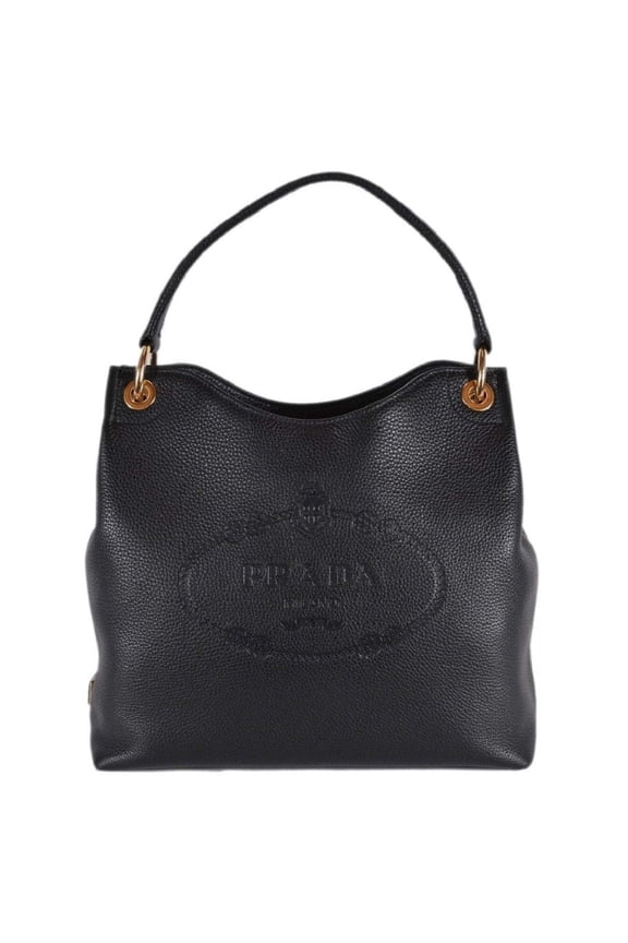 New Prada Vitello Phenix Black Leather Embossed Logo Hobo Tote Bag 1BC051