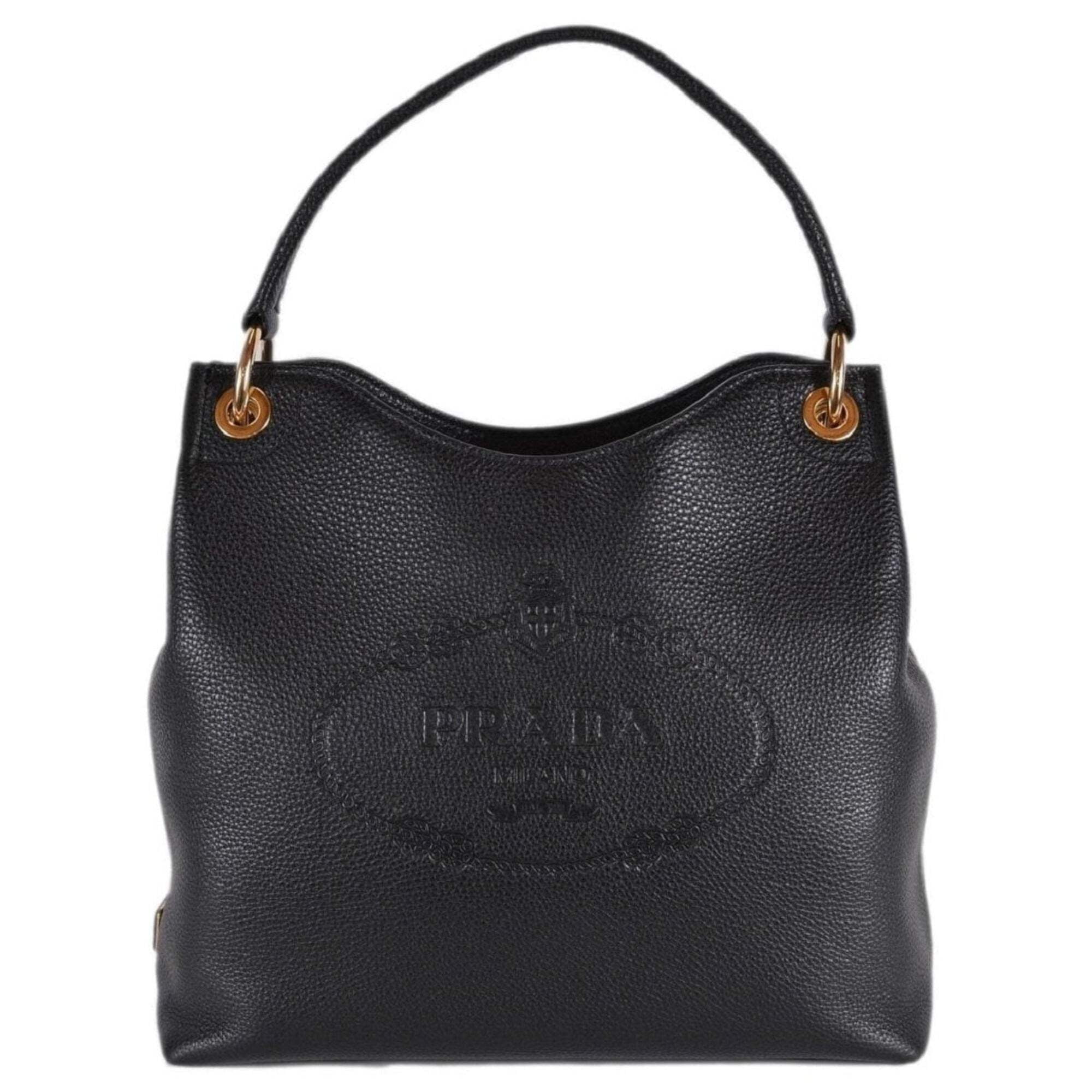 New Prada Vitello Phenix Black Leather Embossed Logo Hobo Tote Bag 1BC051 Walmart