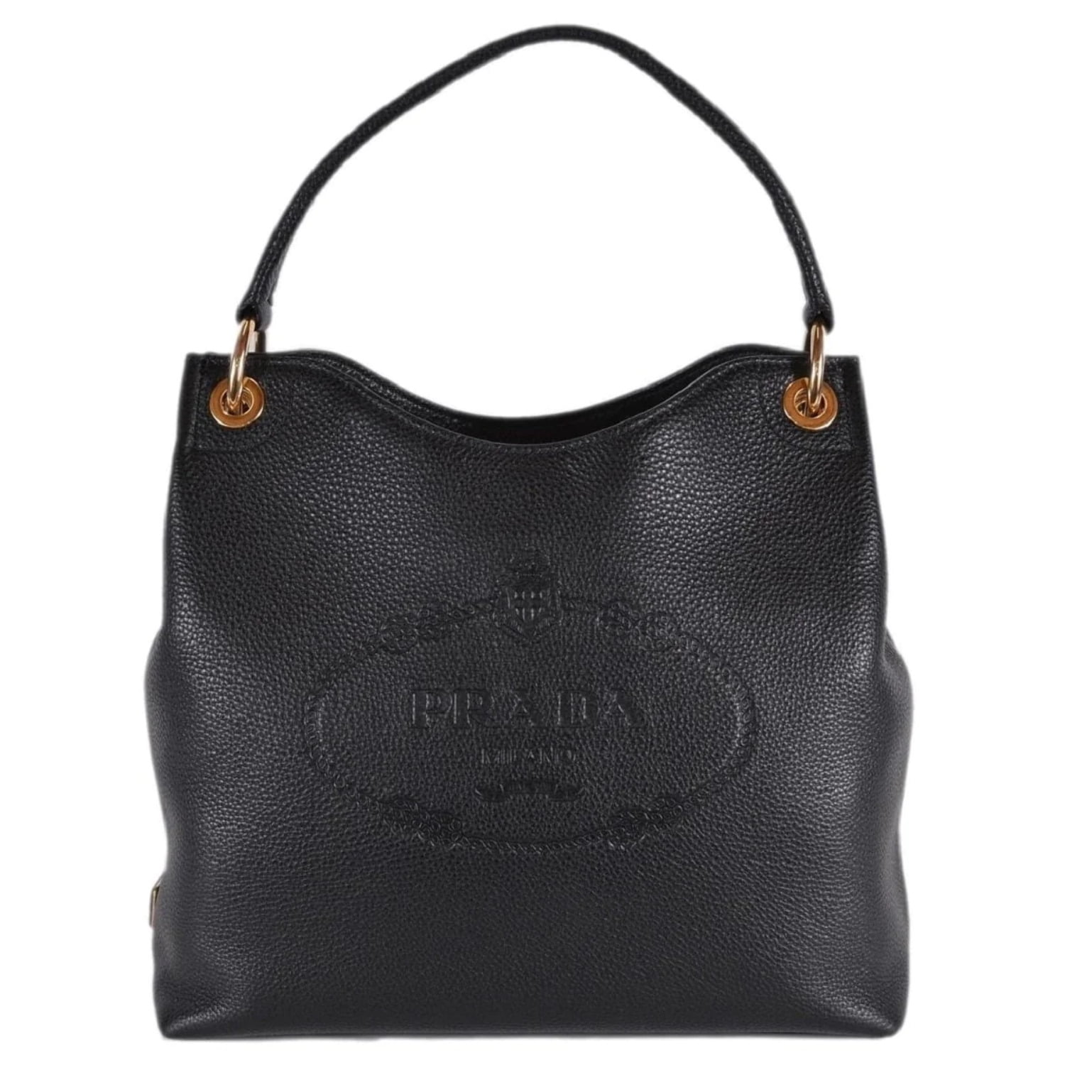 PRADA Vitello Phenix Leather Embossed Logo Hobo Bag Black