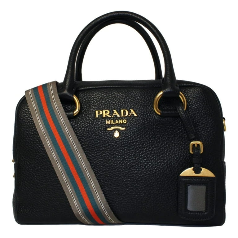【ヴィンテージ】Rank:A☆PRADA フェニックス バック 1BB086 New Prada Vitello Phenix Black Leather Stripe Strap Satchel