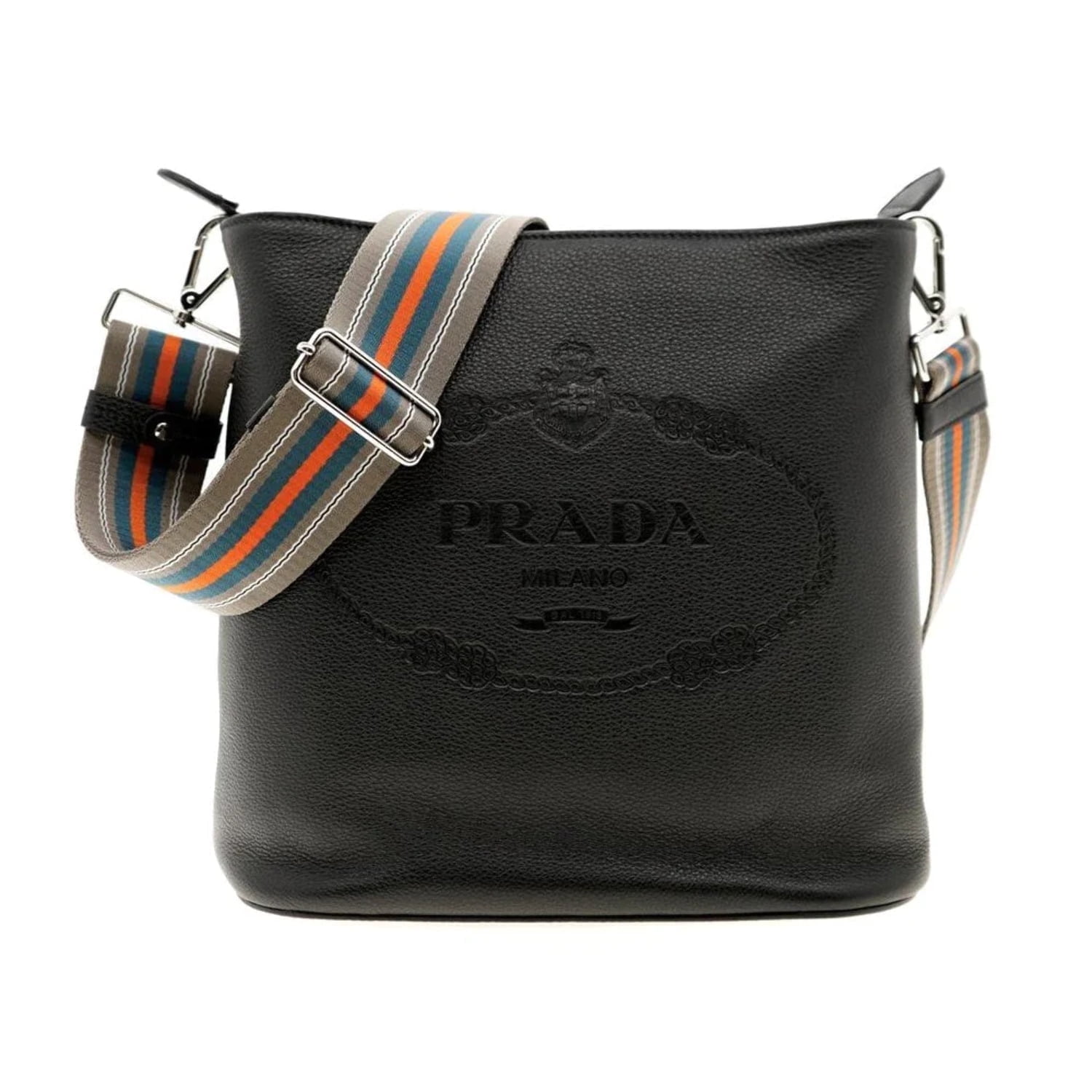 バッグ PRADA New Prada Vitello Phenix Black Leather Web Strap Crossbody