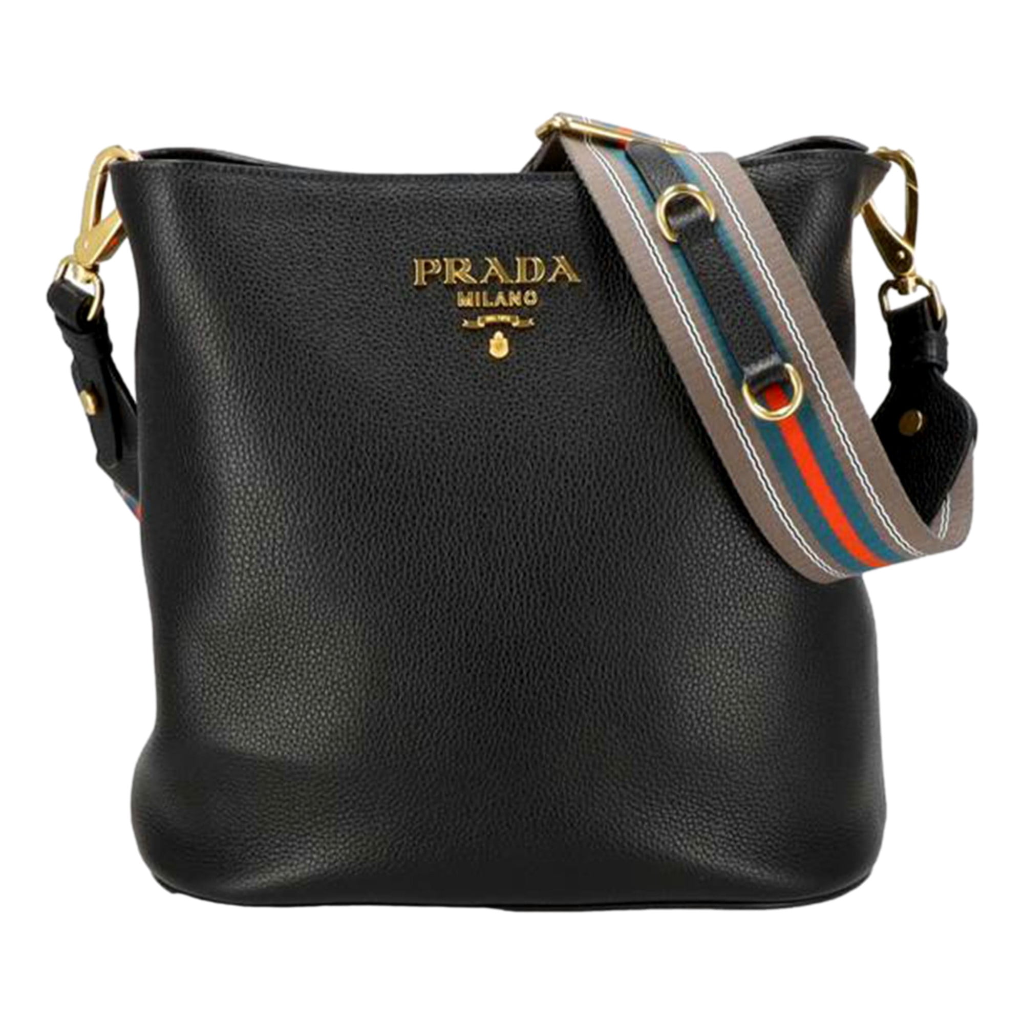 PRADA バック Prada Vitello Phenix Black Leather Web Strap Crossbody Bucket Bag