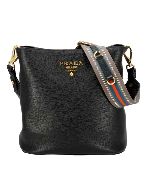 Vitello Phenix Black Leather Web Strap Crossbody Bucket Bag