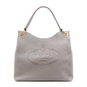 Prada Vitello Phenix Leather Hobo Tote Bag Argilla Grey Embossed Logo Gold Hardware Made in Italy New