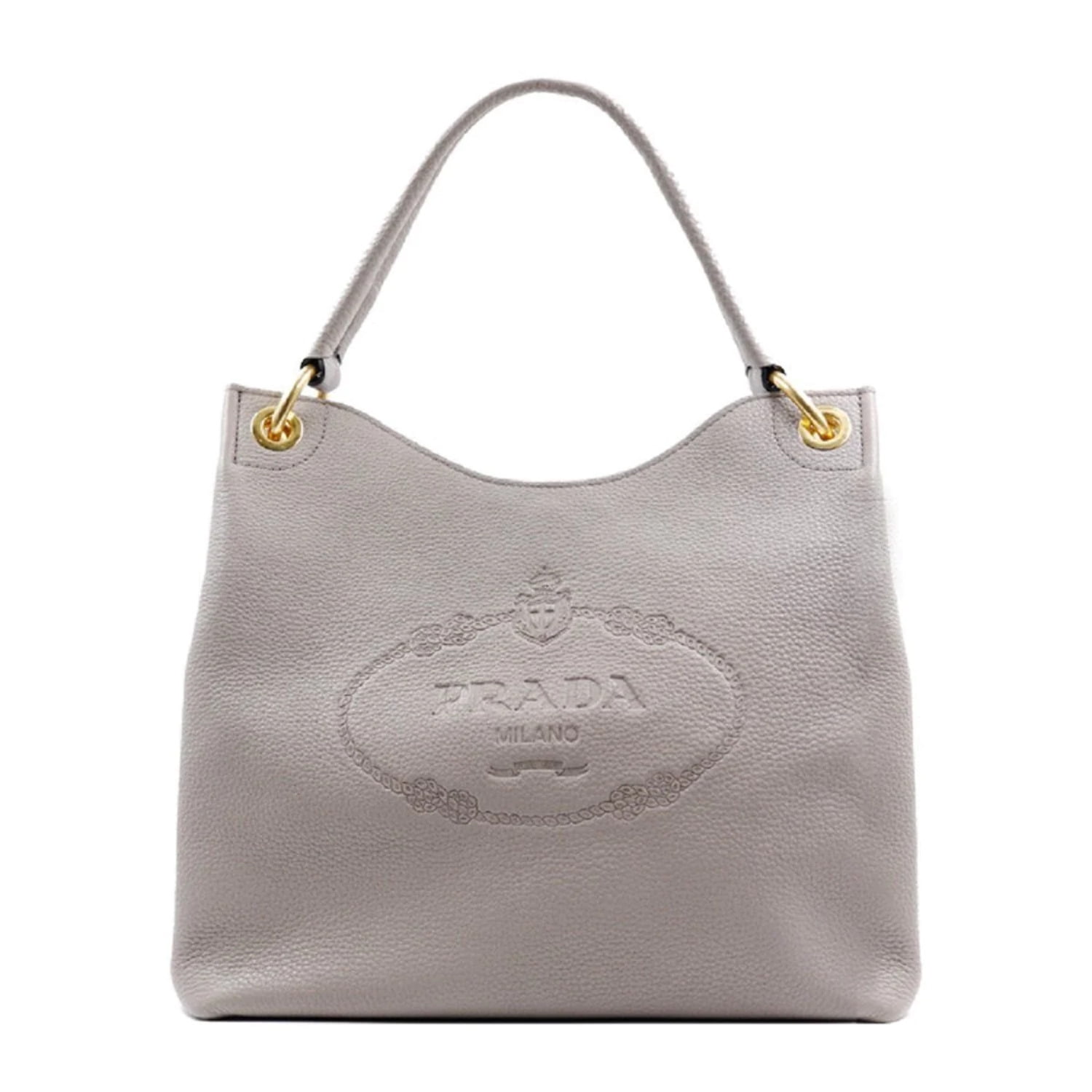 New Prada Vitello Phenix Grey Leather Embossed Logo Hobo Tote Bag 1BC051