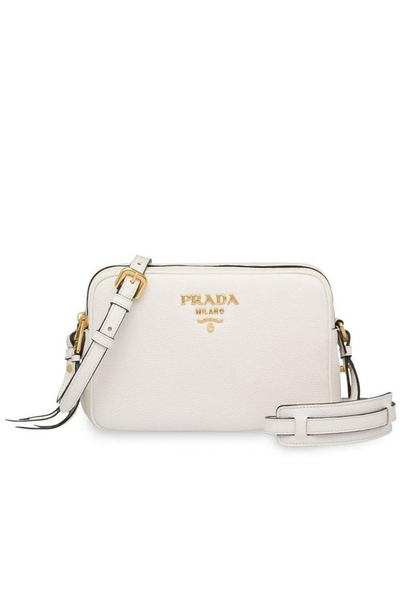 New Prada Vitello Phenix White Leather Double Zip Camera Crossbody 1BH079