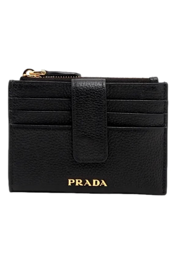 New Prada Womens Vitello Grain Nero Black Leather Zip Top Card Wallet Made in Italy