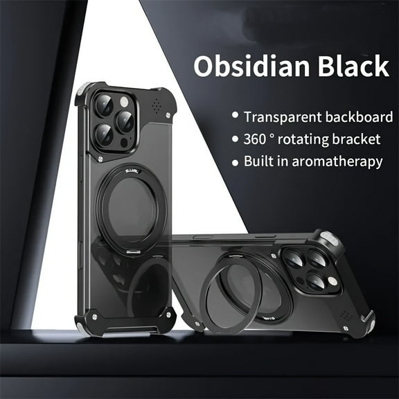 New Premium Metal Alloy Phone Case for iPhone 16 Pro Max/16 Pro, Shockproof Ultra-Thin Cooling Bumper, MagSafe Wireless Charging Stand Ring, Clear Back Cover with Built-in Aromatherapy Pads