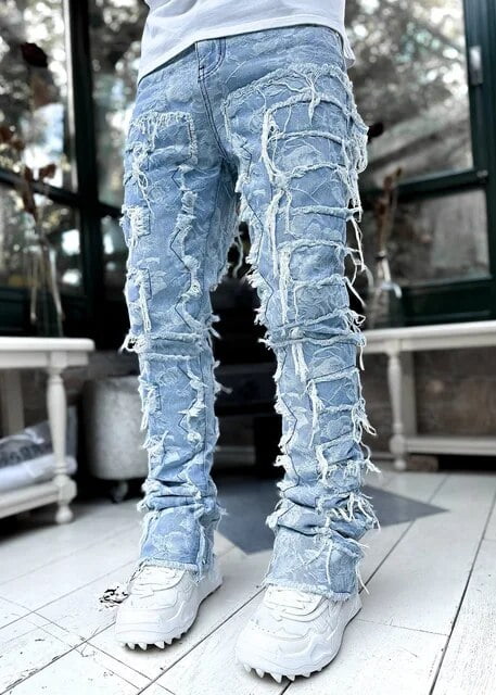 ★TRILLION★ Brightening crack washed denim pants BLUE GRAY New Premium Vintage Blue Stacked Jeans For Men Stretchy Raw