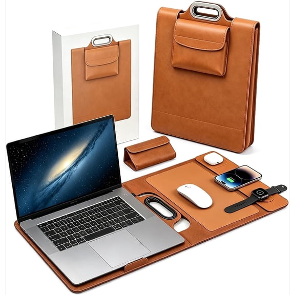 New Premium Wireless Charging Laptop Bag, All in One Mobile Workstation Sleeve with Built in Charger, Waterproof Computer Case with Stand Mouse Pad for Travel Office