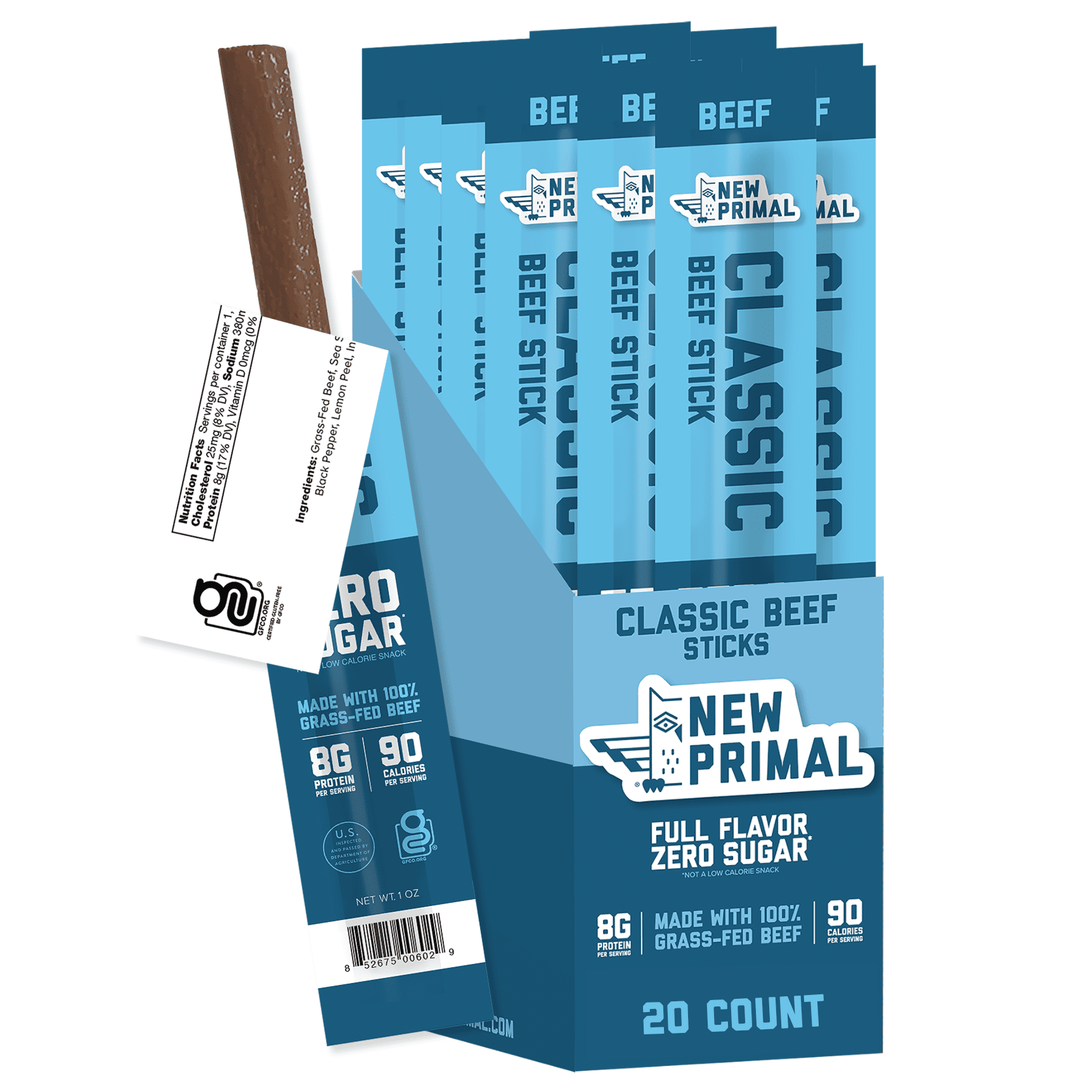 The New Primal Classic Beef Meat Stick, Whole30 Approved, Paleo, Keto, Gluten Free, Low Carb, High Protein, 1 oz, Pack of 20