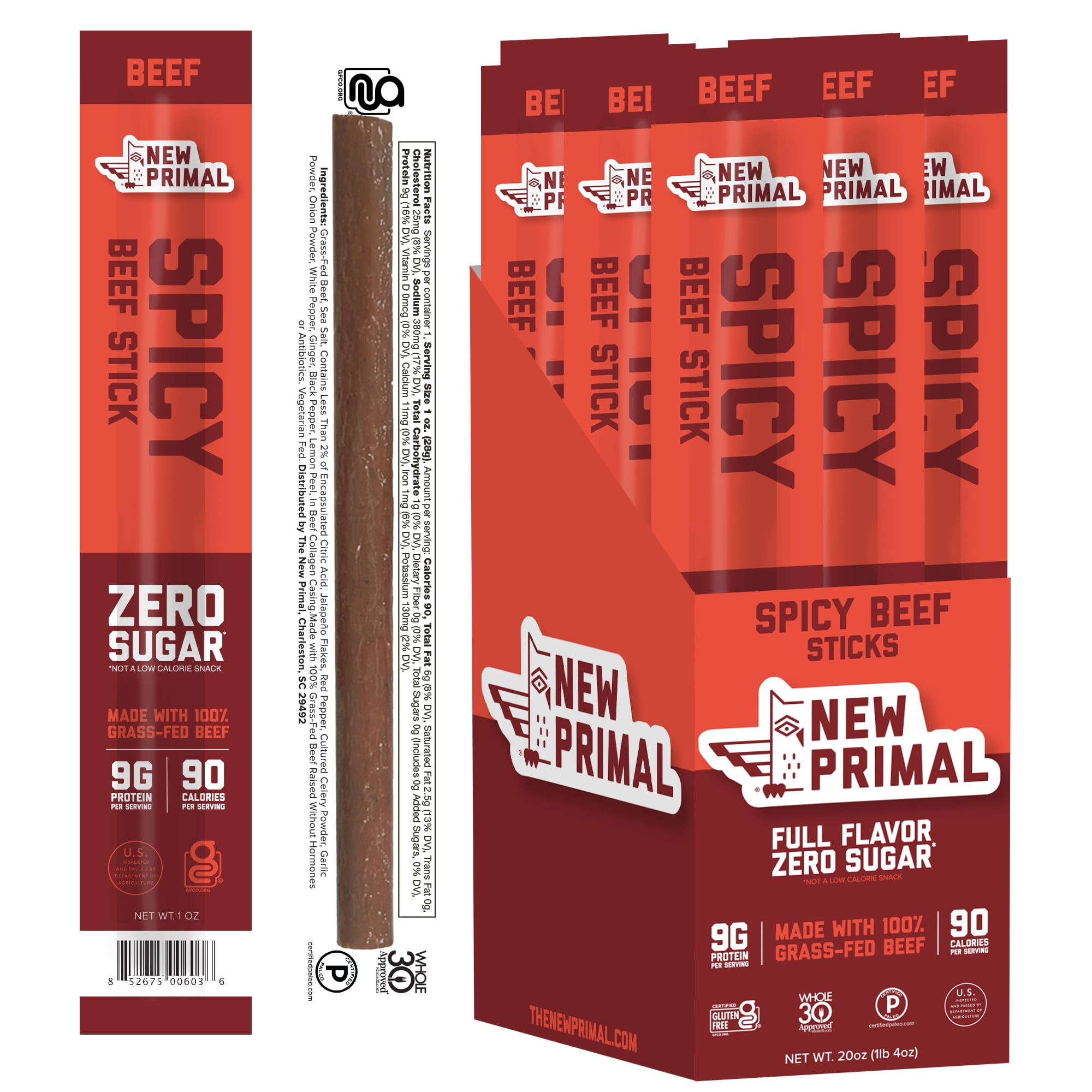 THE NEW PRIMAL Spicy Beef Meat Sticks, 100% Grass-Fed Beef, Zero Sugar (20 Sticks)